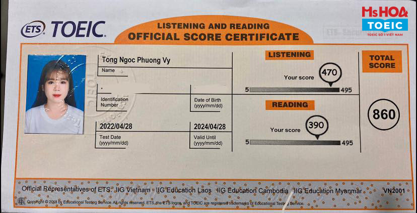 Ảnh học viên Ms Hoa TOEIC đạt 470 điểm TOEIC Listening